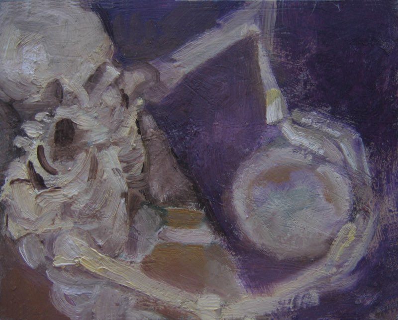 Squelette attablé, Oil on wood, 19×24, 2007