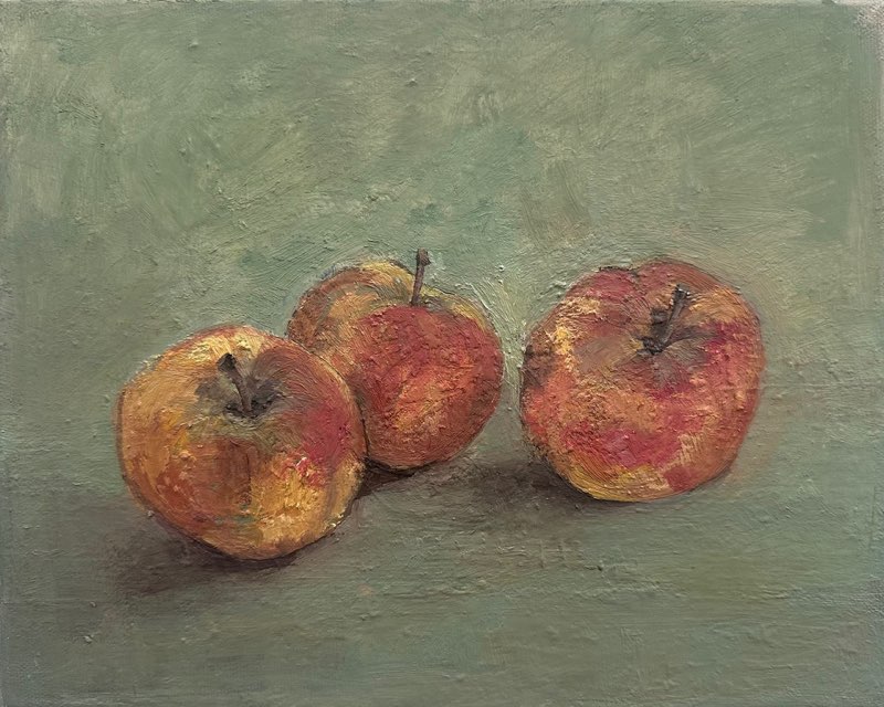 Trois pommes, huile sur toile, 24×30, 2025